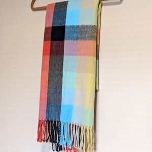 Colorful Plaid Acrylic Scarf with Fringe Yellow Blue Orange